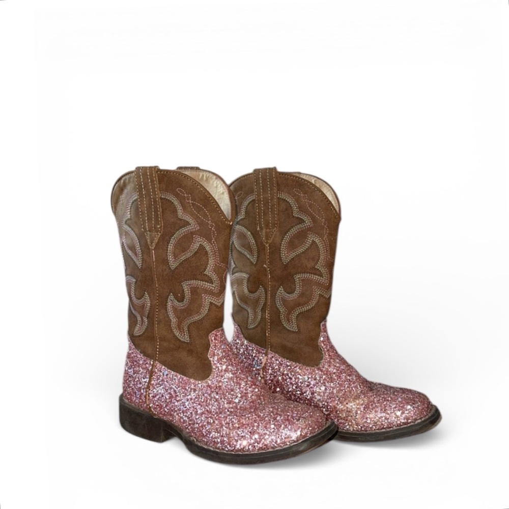 SOLD Roper Girls Southwestern Western Square Toe Pink Glitter‎ Slip On Boots